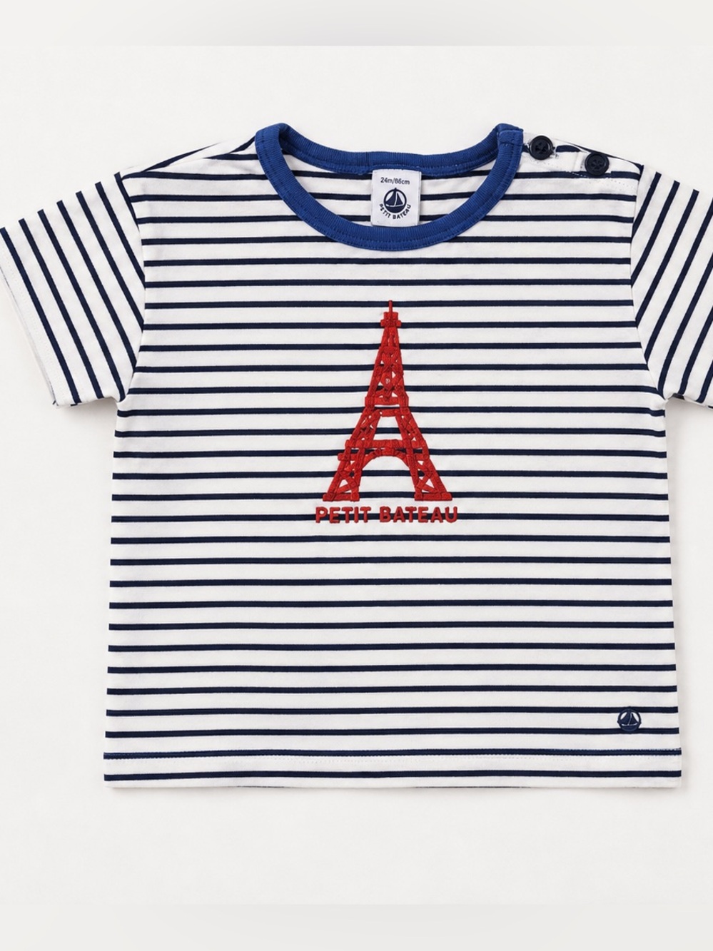 Petit Bateau White & Navy Striped Tee with Red Eiffel Embroidery